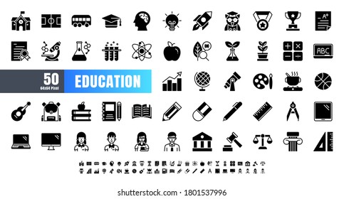 Vector of 50 Education and School Subject solid Glyph Icon Set. 64x64 and 256x256 Pixel Perfect.