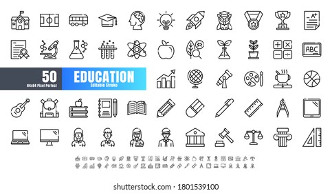 Vector of 50 Education and School Subject Line Outline Icon Set. 64x64 and 256x256 Pixel Perfect Editable Stroke. Vector.