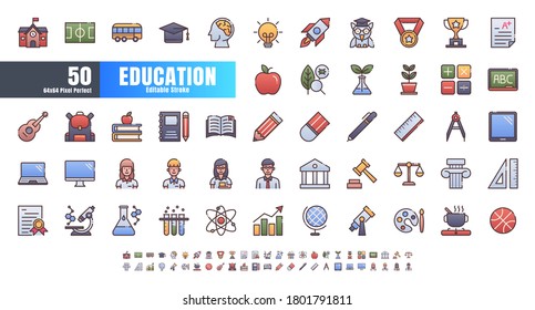 Vector of 50 Education and School Subject. Filled Gradient Color Line Outline Icon Set. 64x64 and 256x256 Pixel Perfect Editable Stroke.