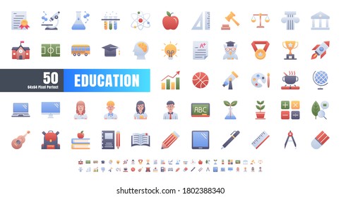 Vector of 50 Education and School Subject. Flat Gradient Color Icon Set. 64x64 and 256x256 Pixel.