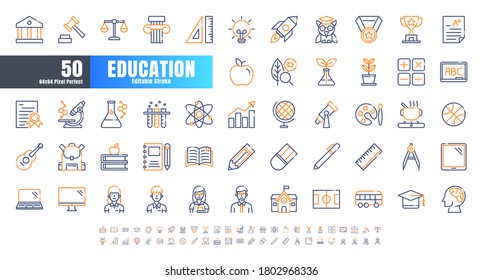 Vector de 50 asignaturas de Educación y de la escuela Juego de iconos de línea de color. Estroque editable perfecto de 64x64 y 256x256 píxeles.