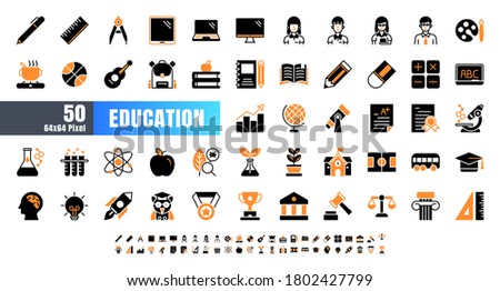 Vector of 50 Education and School Subject. Bicolor Solid Glyph Icon Set. 64x64 and 256x256 Pixel.
