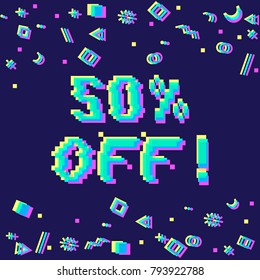 Vector 50 percent off sale 8-bit pixel art style banner. Text with glitch effect and geometric decor elements.