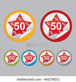 Vector : 50% in Red Star Icon Promotion Label on Circle Peeling Sticker