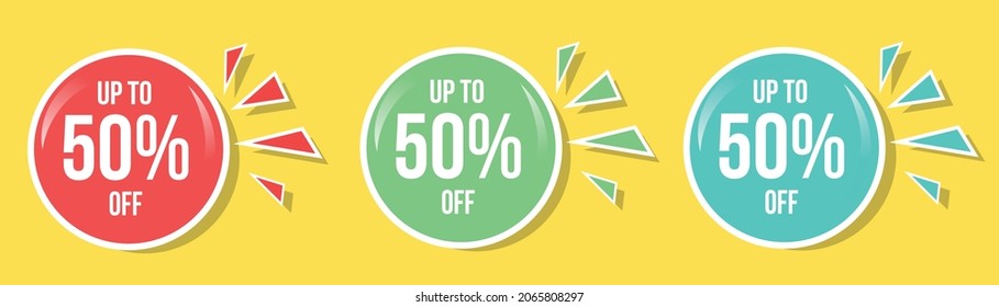 Vector Up to 50% Sale Buttons Shape Banner Design Set. Red, Green and Blue Round Creative Banners Isolated for Advertisement Graphic Designs. Black Friday and Big Sale Events Sale Banners Templates.