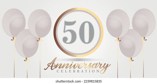 Vector 50th year anniversary celebration background. gray and gold color numbers and text with balloons.

