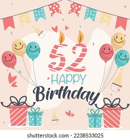 Vector 52nd happy birthday vector design for greeting cards and poster with balloon and gift box design.

