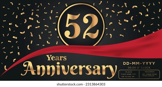 Vector 52nd years anniversary celebration on dark background with golden numbers and confetti design