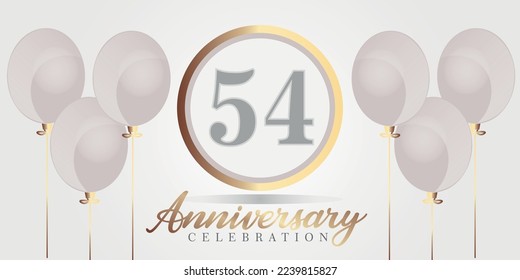 Vector 54th year anniversary celebration background. gray and gold color numbers and text with balloons.

