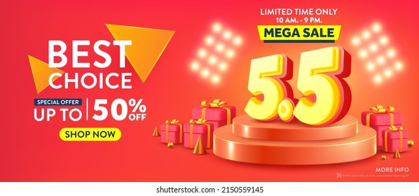 Vector of 5.5 Shopping day Poster or banner with 5 over on product podium scene.5 May sales banner template design for social media and website.Special Offer Sale 50% Off campaign or promotion.