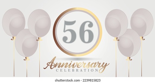 Vector 56th year anniversary celebration background. gray and gold color numbers and text with balloons.


