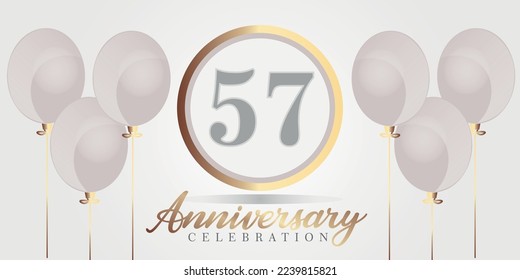 Vector 57th year anniversary celebration background. gray and gold color numbers and text with balloons.

