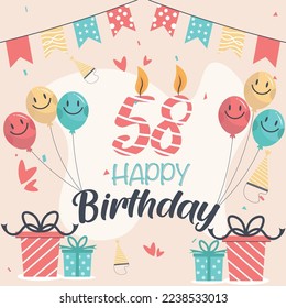 Vector 58th happy birthday vector design for greeting cards and poster with balloon and gift box design.
