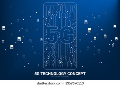 Vector 5G dot connect line circuit board style mobile phone icon. Concept for data transfer of mobile data network.