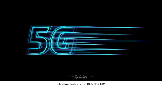 Vector 5G hight speed network technology concept by blue light lines speed motion pattern isolated on black background for banner, logo, symbol.