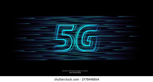 Vector 5G hight speed network technology concept by blue light lines speed motion pattern isolated on black background for banner, logo, symbol.