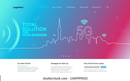 Vector 5G and IoT (Internet of Things) landing page with digital communication future technology images. Website template for internet speed concept or startup business.