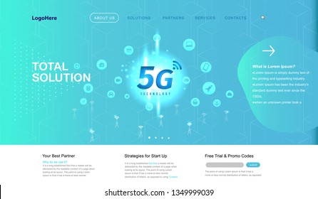 Vector 5G and IoT (Internet of Things) landing page with digital communication future technology images. Website template for internet speed concept or startup business.