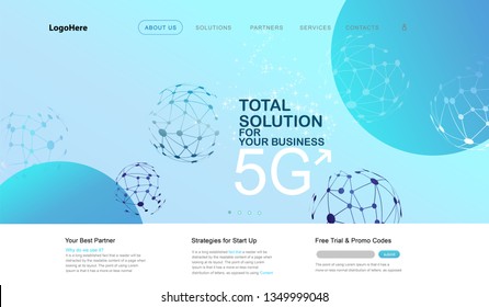 Vector 5G and IoT (Internet of Things) landing page with digital communication future technology images. Website template for internet speed concept or startup business.