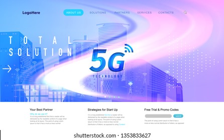 Vector 5G and IoT (Internet of Things) landing page with digital communication future technology images. Website template for internet speed concept or startup business.
