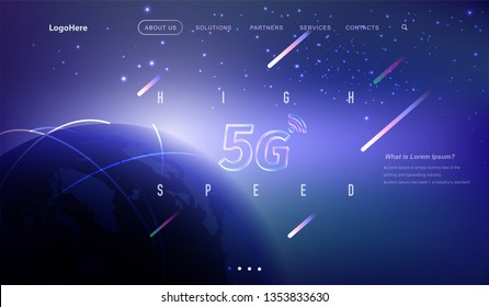 Vector 5G and IoT (Internet of Things) landing page with digital communication future technology images. Website template for internet speed concept or startup business.