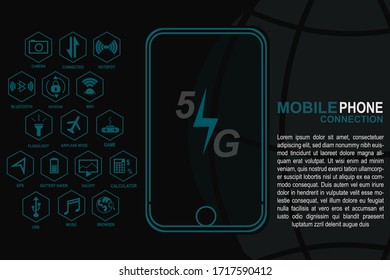 Vector 5G mobile data connection, Minimal Set of Mobile Phone Line Icons,  modern concept, polygon