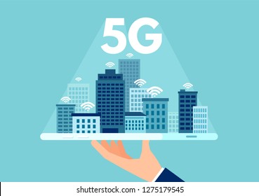 Vector Of 5g Network Logo Over The Smart City With Icons Of Town Infrastructure Skyscrapers. High Speed, Broadband Telecommunication Wireless Internet Concept 