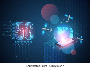 Vector 5G technology background. New generation mobile network and the internet. Digital data as digits binary code connected to earth with satellite on blue background. Stock Illustration.