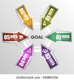 vector 6 arrow banners business infographic process diagram compare service banner presentatoin. Six steps to achieve this goal. Six glossy strip for your annotations. Six full-color sticker.