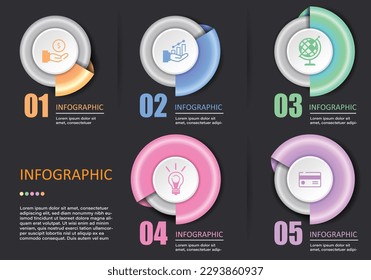 Vector 6 infografías circulares con incrementos de volumen en círculos en 6 pasos sobre un fondo negro y gris con hermosos colores separando respectivamente para una fácil presentación de la financiera.