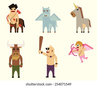 vector 6 greek mythology characters. unicorn, pegasus, centaur, cupid, cyclop, minotaur.
