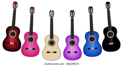 vector 6 guitars of different colors on a white background