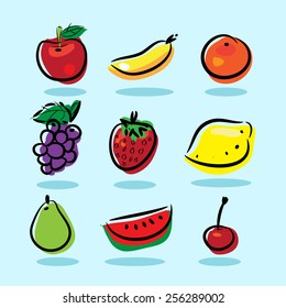 Vector 6 Kind of Fruits, Apple, Banana, Orange, Grape, Strawberry, Lemon, Water Melon, Pear, Cherry, with Shadow.