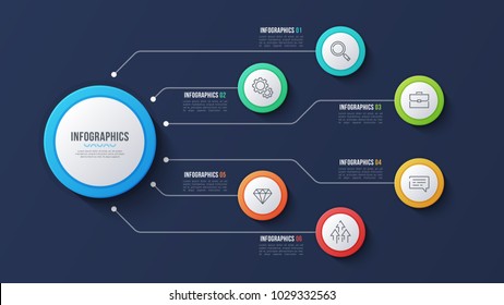 Vector 6 options infographic design, structure chart, presentation template on dark blue background. Editable stroke and global swatches.