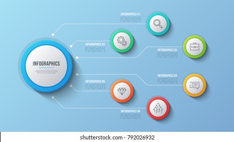 Vector 6 options infographic design, structure chart, presentation template. Editable stroke and global swatches