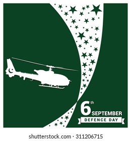 Vector 6 September. Pakistan Defense Day. Helicopter Flying with white lines on green background. Celebration Card. Illustration