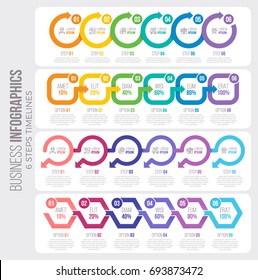 Vector 6 steps timeline infographic template with arrows. Four illustrations set