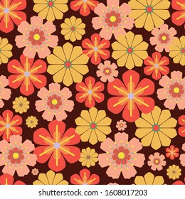 Vector 60s, 70s retro vintage flowers seamless pattern background on balck surface