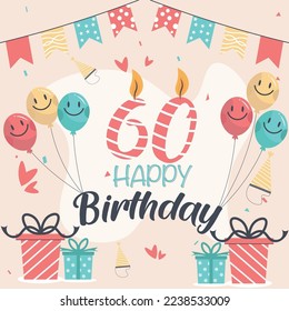 Vector 60th happy birthday vector design for greeting cards and poster with balloon and gift box design.
