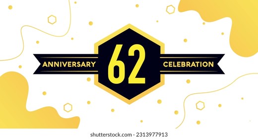 Vector 62 years anniversary logo vector design with yellow geometric shape with black on white background