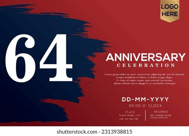 Vector 64 años aniversario con cepillo azul aislado en el diseño de vectores de fondo rojo
