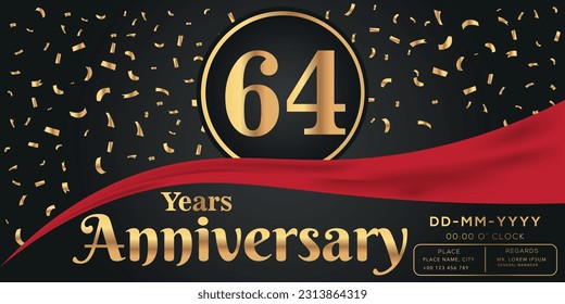 Celebración del 64º aniversario del vector sobre fondo oscuro con números dorados y diseño de confeti
