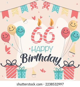 Vector 66th happy birthday vector design for greeting cards and poster with balloon and gift box design.
