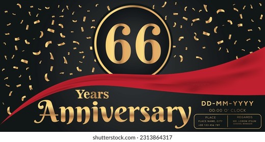 Celebración del 66º aniversario del vector sobre fondo oscuro con números dorados y diseño de confeti