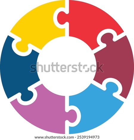 Vector 6-part circle puzzle infographic diagram featuring interconnected segments in vibrant colors. Ideal for presenting workflows, data visualization, business processes, or stages in an engaging