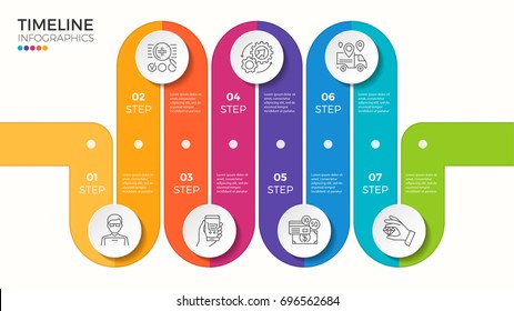 Vector 7 steps winding colorful timeline infographic template