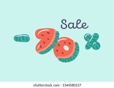 Vector 70 percent discount sale banner for children goods, services and trip souvenirs. Cartoon watermelon number carved from slices of watermelon with seeds. From watermelon summer font.