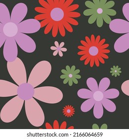 Vector 70's inspired pattern. Colorful flowers on a grey background. Great for fabric, giftwrap, scrapbooking, packaging