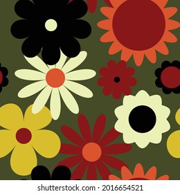 Vector 70's inspired pattern. Flowers on a green background. Great for fabric,  giftwrap, scrapbooking, packaging