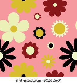 Vector 70's inspired pattern. Flowers on a pink background. Great for fabric,  giftwrap, scrapbooking, packaging